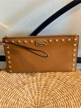 Michael Kors Brown Saffiano Leather Studded Clutch Wristlet